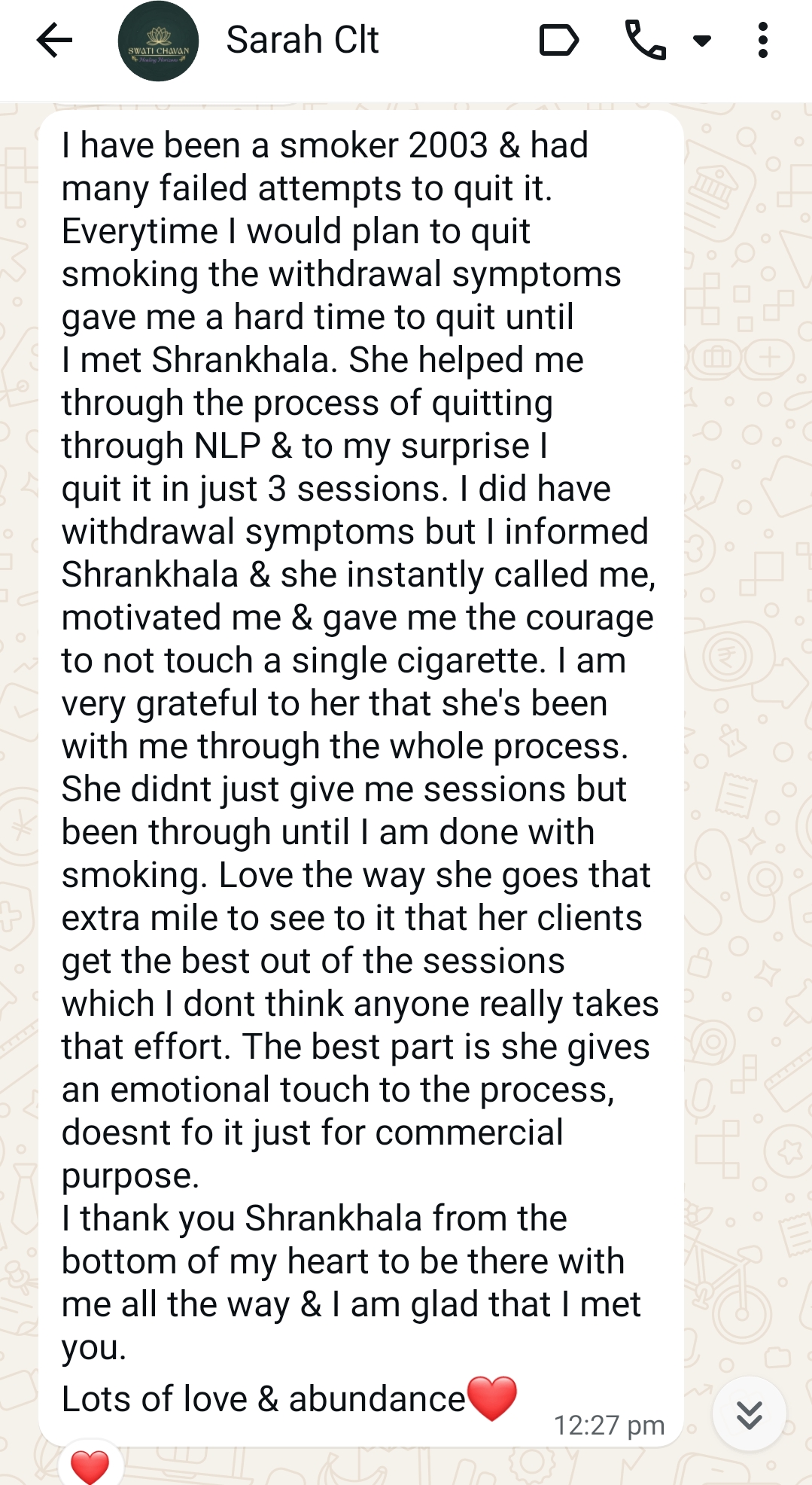 NLP testimonial shared by Sarah